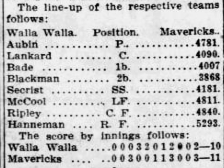 Newspaper clipping of a Walla Walla vs. Mavericks baseball box score, with Mavericks players listed only by four-digit inmate numbers